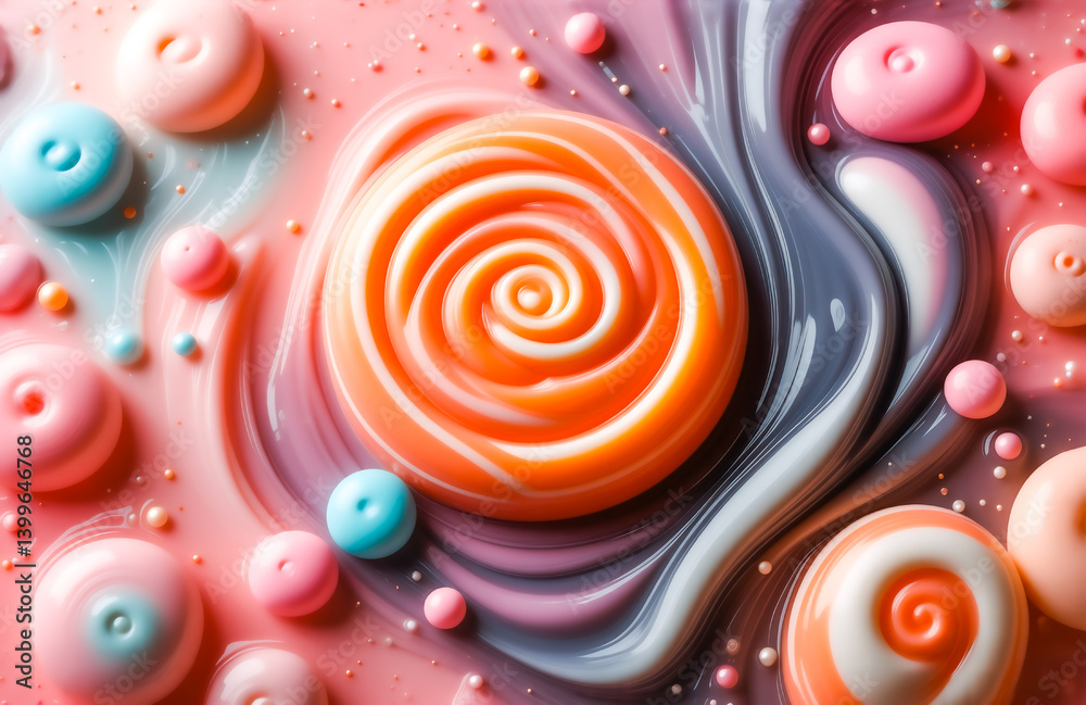 Poster abstract swirls of pastel colors and glossy spheres create a dreamy, candy-like composition. the cen
