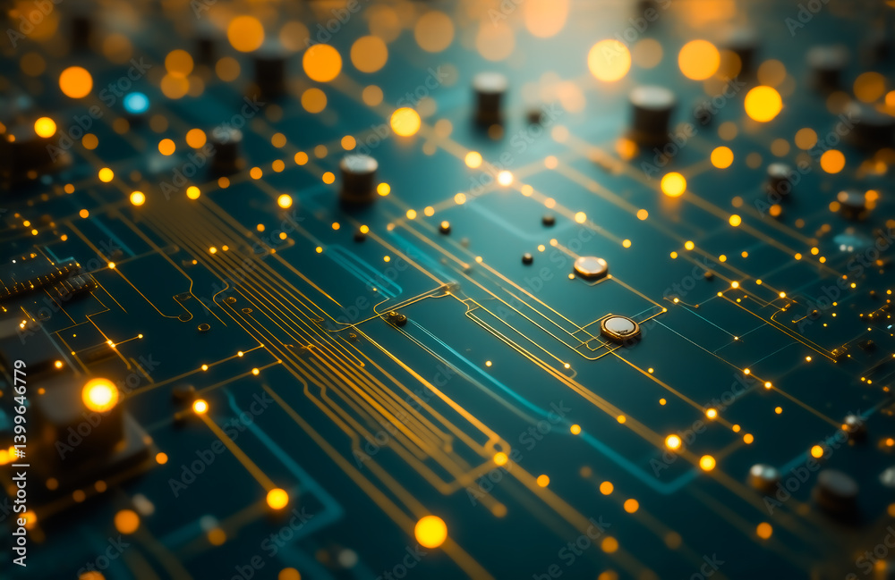 Poster Close-up view of an illuminated circuit board, showcasing intricate pathways and glowing components.  The image evokes a sense of technological advancement and complex connectivity.