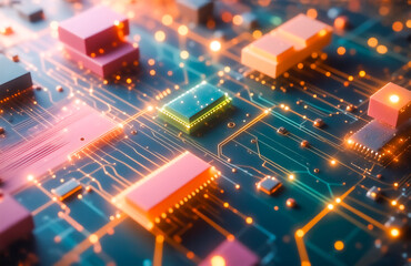 Obraz premium Close-up view of a circuit board with glowing components, showcasing intricate technological details and vibrant colors. The image suggests advanced technology and innovation.