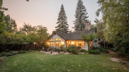 Luxurious Home Exterior Dusk  Illuminated Windows  Patio  Garden  Backyard