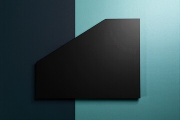 Minimalist abstract composition featuring a single stark black rectangular shape against a sharply divided background of dark teal and dark gray, creating a study in form and contrasting hues