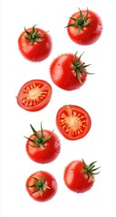 Fresh, vibrant tomatoes, whole and halved, falling in a vertical arrangement against a white background.  Displaying juicy, plump tomatoes, showcasing their rich red color and green stems
