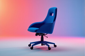Minimalist product shot of a modern blue gaming chair with black accents, positioned against a vibrant background with dynamic gradient lighting in shades of pink and blue