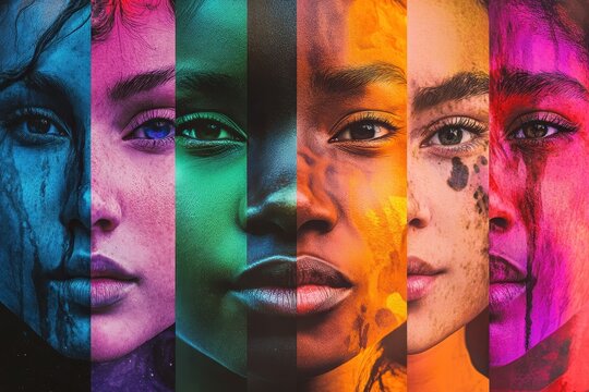 Diverse women's faces are divided into vibrant color segments, close-up. Ideal for promoting inclusivity, diversity, and cultural sensitivity themes.