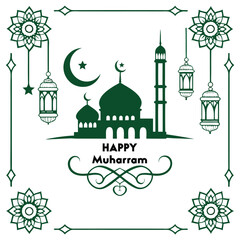 Islamic Muharram celebration design with mosque silhouette, crescent moon and hanging lanterns