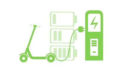 Eco friendly transport powered by renewable energy source. Electric scooter at charging station, Vector design