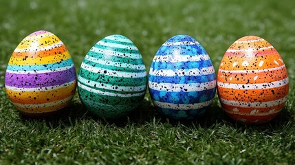 Four vibrantly decorated easter eggs on a grassy surface.