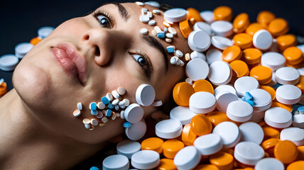 Face surrounded by pills symbolizes the high cost of medical billing