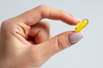 Holding Yellow Capsule with Two Fingers Against Light Background in Studio