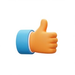 A 3D rendered orange hand with blue cuff making thumbs up gesture isolated on clean white background