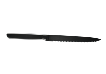 A horizontally floating serrated bread knife on solid white background