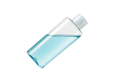 A horizontally floating shampoo bottle on solid white background
