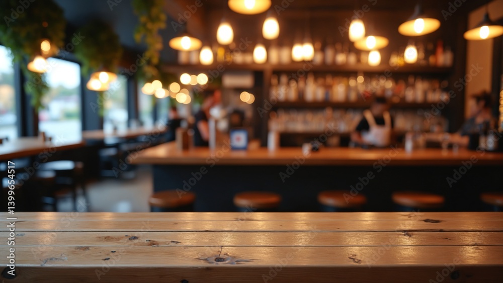 Poster Rustic wooden table with blurred bar scene hanging lights and greenery create a warm inviting ambiance