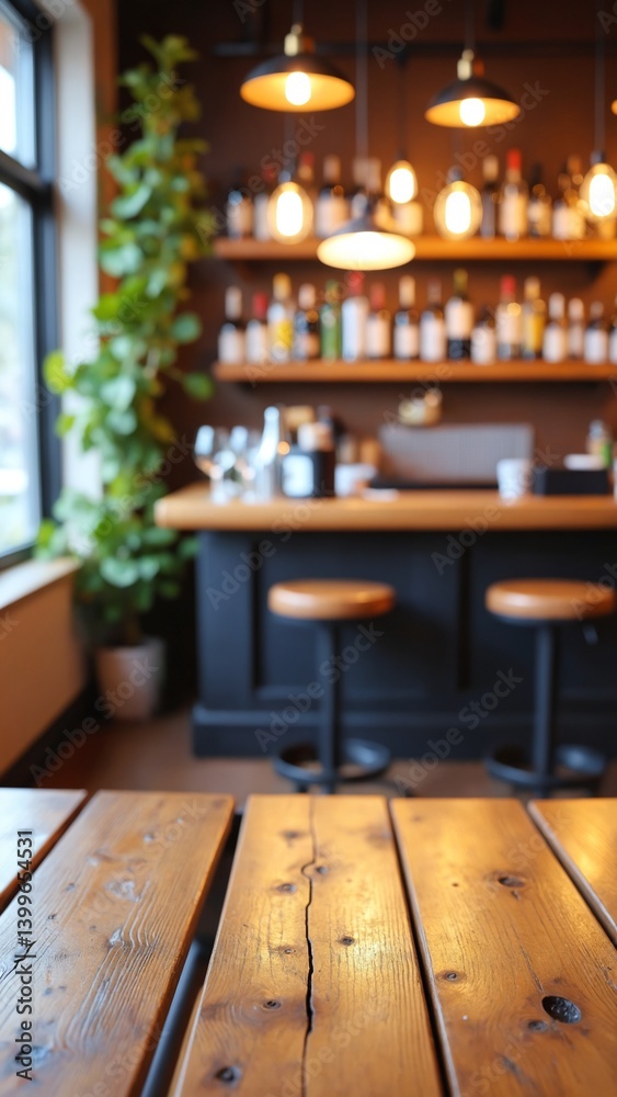 Aufkleber Rustic wooden table with blurred bar scene hanging lights and greenery create a warm inviting ambiance