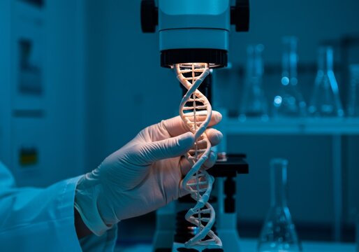 Scientist examining DNA strand under microscope in laboratory  