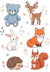 Cute cartoon woodland animals like deer fox rabbit and hedgehog in playful poses for children art
