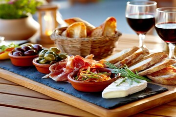 Deliciosas tapas españolas con jamón, aceitunas y vino en una terraza al atardecer
