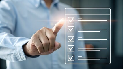Quality Assurance and Document Control with Checklist Icons. Businessman mark off items on digital checklist, representing quality assurance and document control processes, verification and compliance