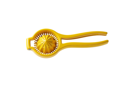 A horizontally floating citrus reamer on solid white background