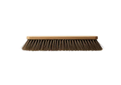 A horizontally floating broom head on solid white background