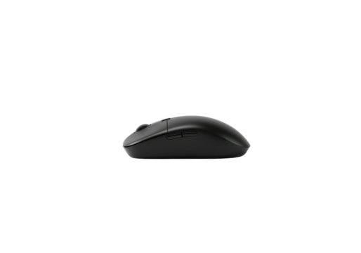 A horizontally floating computer mouse on solid white background