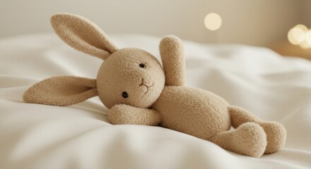 Fototapeta premium Cute stuffed bunny relaxing on soft bedding 