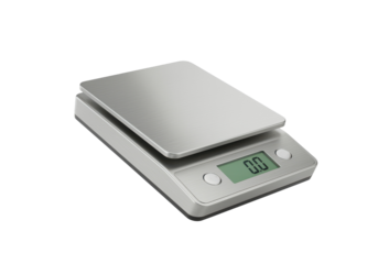 A horizontally floating digital kitchen scale on solid white background