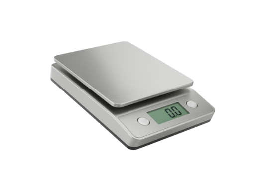 A horizontally floating digital kitchen scale on solid white background