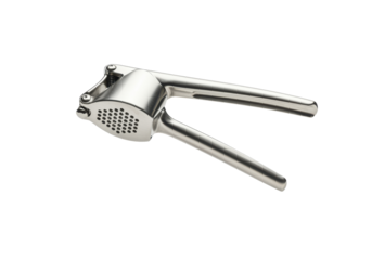 A horizontally floating garlic crusher on solid white background