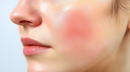 Close-up of a woman's face with pink blush on her cheek. Skin care. Beautiful young female model's porcelain skin. A girl with ruddiness