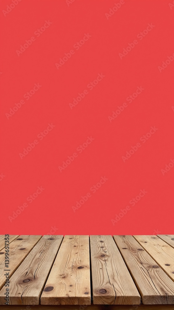 Poster rustic wooden table top against red backdrop