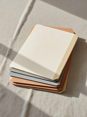 Fototapeta premium Everyday objects - for downstream advertisement and design: A stack of blank, rectangular cards in muted earthy tones rests on a textured linen surface, bathed in soft sunlight.