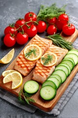 Delicioso salmón a la parrilla con limón y vegetales frescos en una tabla de madera