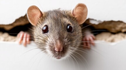 Naklejka na ściany i meble Mouse is looking at the camera with its eyes wide open. The mouse is in a hole in a wall