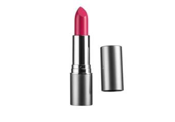 A horizontally floating lipstick with cap removed on solid white background