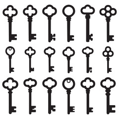Antique key Vector Black silhouettes. Medieval and modern keys, vintage shapes set. Open door symbols, privacy and escape. Abstract tidy elements. with white background