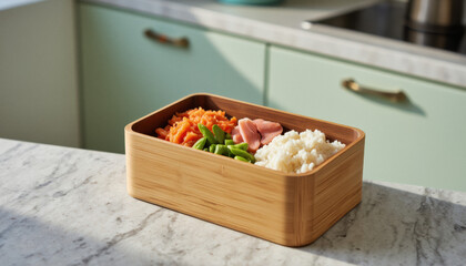 Everyday objects - for downstream advertisement and design: A wooden bento box filled with rice, ham, carrots, and edamame sits on a marble countertop in a modern kitchen.