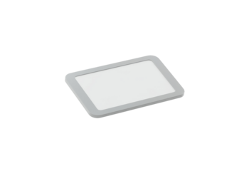 A horizontally floating name tag badge on solid white background