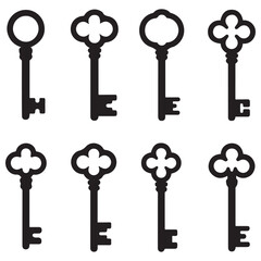 Antique key Vector Black silhouettes. Medieval and modern keys, vintage shapes set. Open door symbols, privacy and escape. Abstract tidy elements. with white background