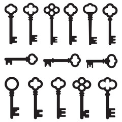 Antique key Vector Black silhouettes. Medieval and modern keys, vintage shapes set. Open door symbols, privacy and escape. Abstract tidy elements. with white background