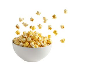 A horizontally floating popcorn bowl on solid white background