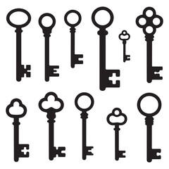 Antique key Vector Black silhouettes. Medieval and modern keys, vintage shapes set. Open door symbols, privacy and escape. Abstract tidy elements. with white background