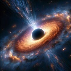 Obraz premium A supermassive black hole at a galaxy’s center emitting coloss