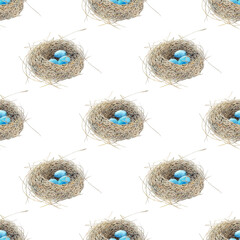 Nest with blue eggs, png seamless pattern with transparent background. Thrush eggs in nest digital paper, hand drawn watercolor illustration. Nest repeating tile. Elegant spring season wallpaper