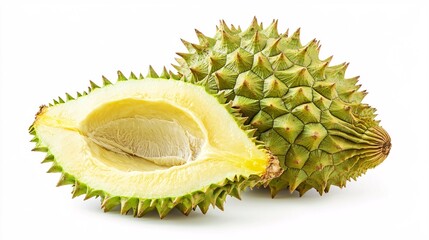 Fototapeta premium Fresh Durian Fruit Halves on White Background for Culinary Use