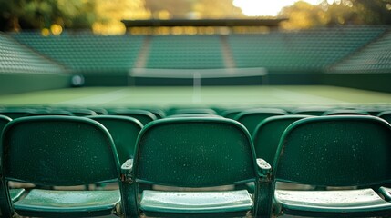 Fototapeta premium A tennis court with empty green chairs