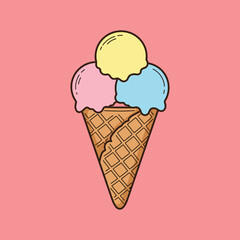 Cute scoop ice cream cone with flavors on pink background