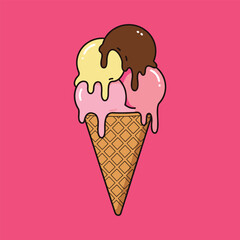 Cute scoop ice cream cone with flavors on pink background