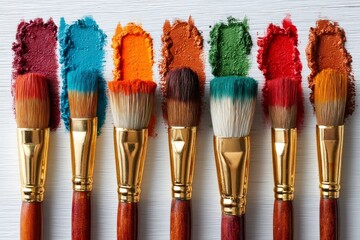Fototapeta premium Seis pinceles con diferentes colores de pintura sobre una superficie blanca