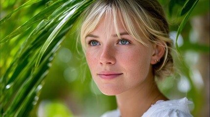 Naklejka premium Woman with blonde hair and blue eyes is standing in front of a green leafy plant. She is wearing a white shirt and a necklace